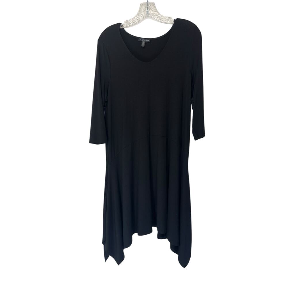 Eileen Fisher Black Asymmetric 3/4 Sleeve Basic Relaxed Scoop Neck Dress Large